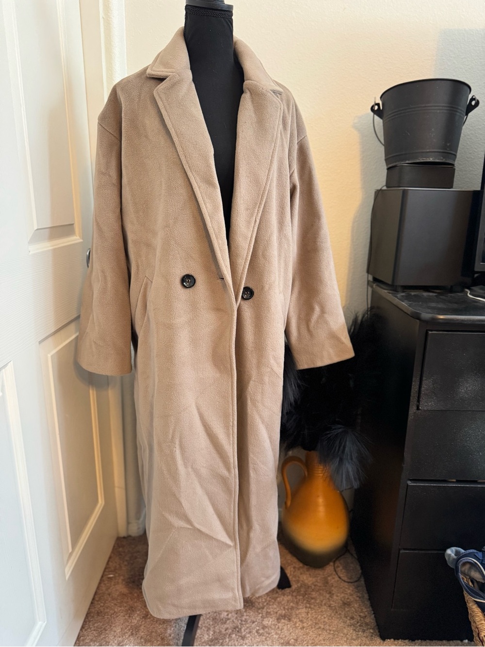 Women's Long Taupe Trench Coat with Double-Breasted Detail